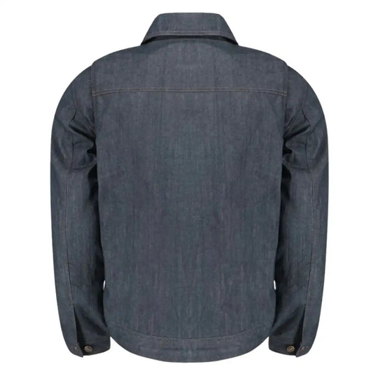 Rear view of the Julian jacket showing the seamless blue denim back with hidden Kevlar lining and reinforced leather waistband for added abrasion resistance.