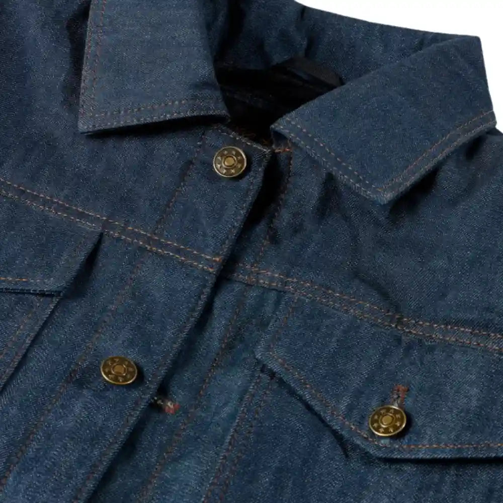 Close-up shot of the hybrid material interface, showcasing the heavy-duty blue denim, premium cowhide leather accents, and the yellow Kevlar fiber lining visible inside.