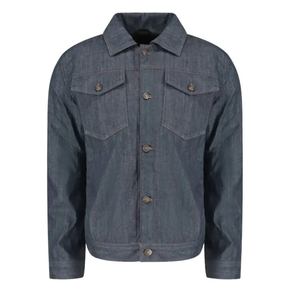 Front view of the Julian blue denim and leather motorcycle jacket featuring reinforced leather shoulder panels, a button-down front over a hidden zipper, and integrated armor.