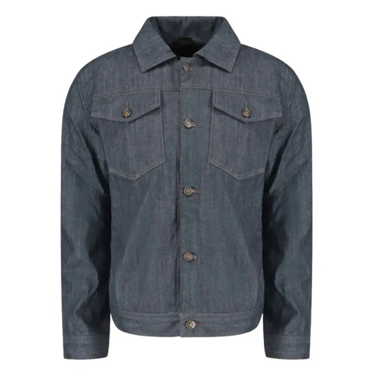 Front view of the Julian blue denim and leather motorcycle jacket featuring reinforced leather shoulder panels, a button-down front over a hidden zipper, and integrated armor.