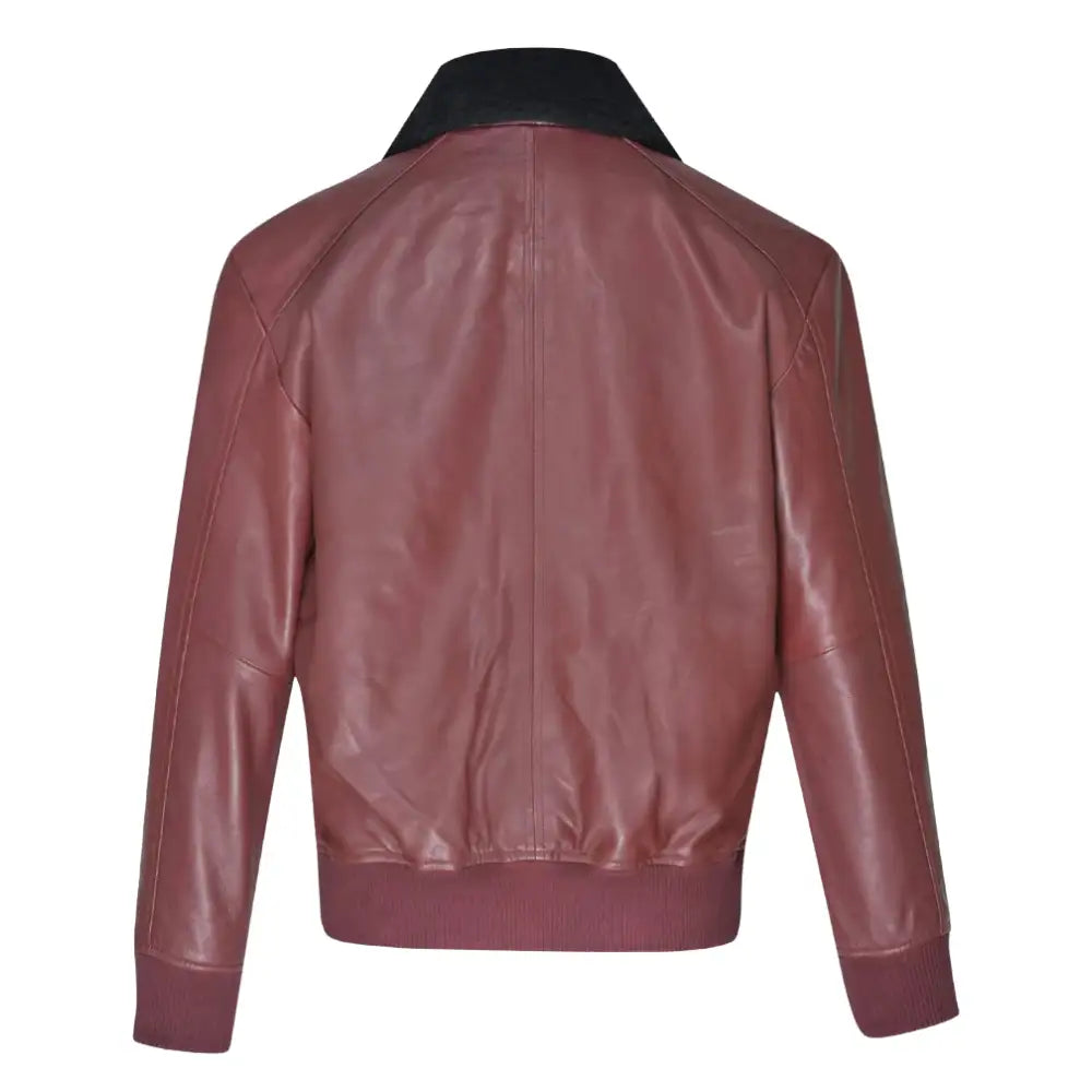 Back view of Justin's Burgundy A2 Bomber leather jacket, featuring a ribbed knit hem and collar, showcasing the smooth, rich burgundy leather.