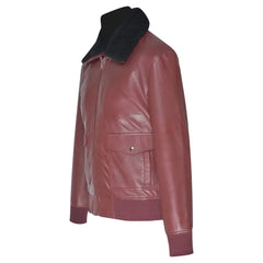Side profile of Justin's Burgundy A2 Bomber leather jacket, highlighting its sleek design with ribbed knit cuffs and a shirt-style collar.
