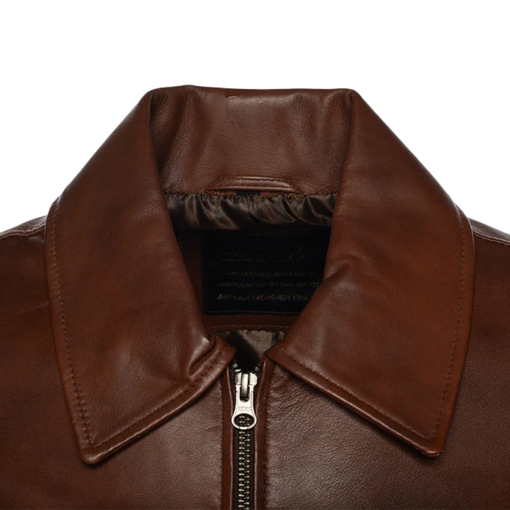 Kai Classic Two Tone Brown Leather Jacket close up dual tone leather texture