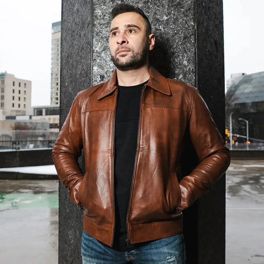 Model wearing Kai Classic Two Tone Brown Leather Jacket two tone leather jacket outfit