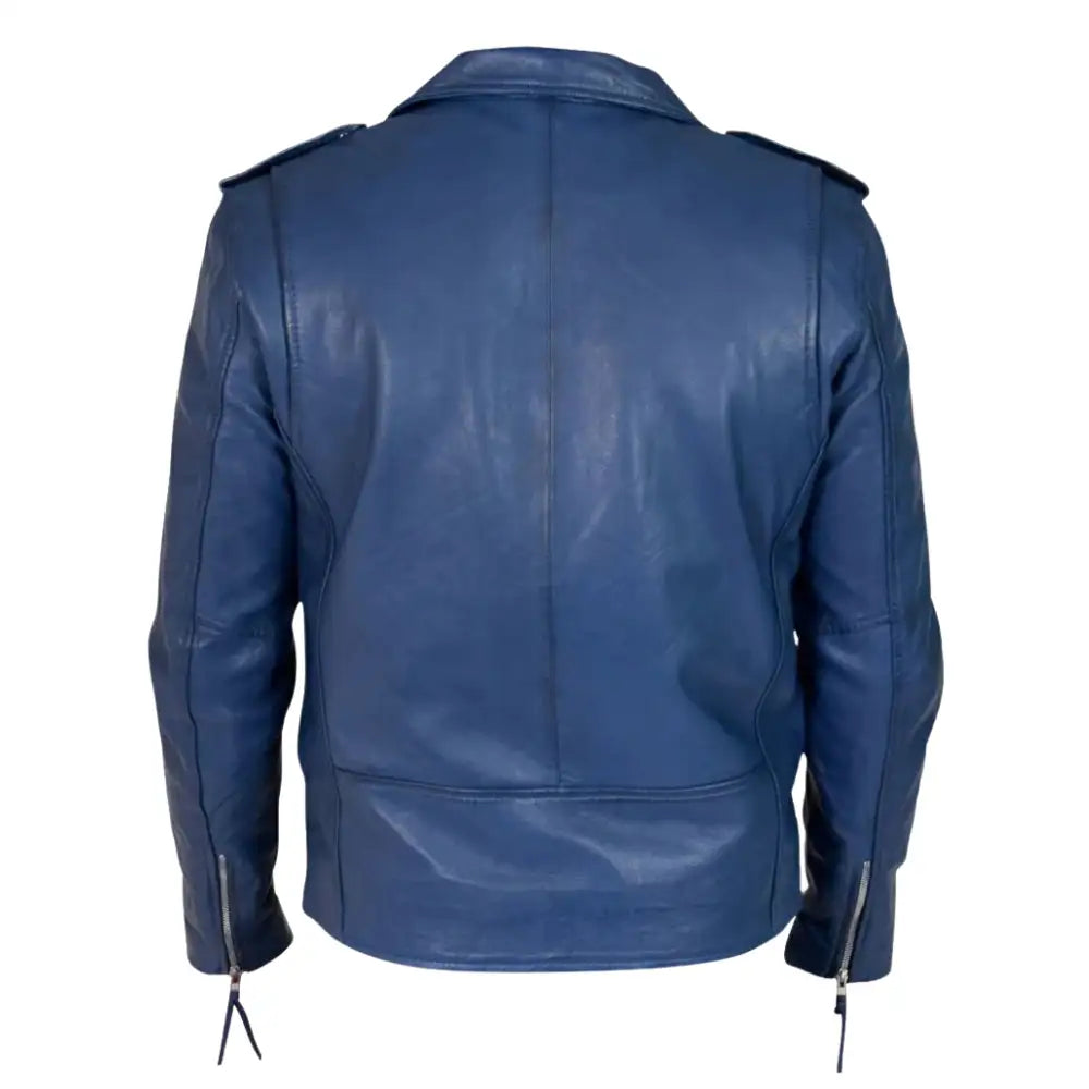 Back view of Kain Blue Belted Leather Biker Jacket highlighting smooth leather panels