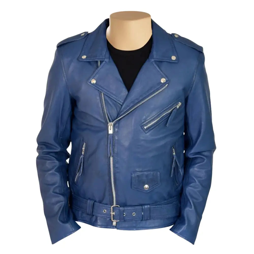 Front view of Kain Blue Belted Leather Biker Jacket with classic asymmetrical zipper