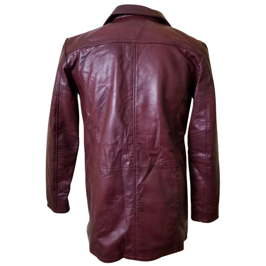 Back view of a men's maroon leather blazer showcasing a tailored fit, central seam construction, and a smooth, clean-cut hemline.