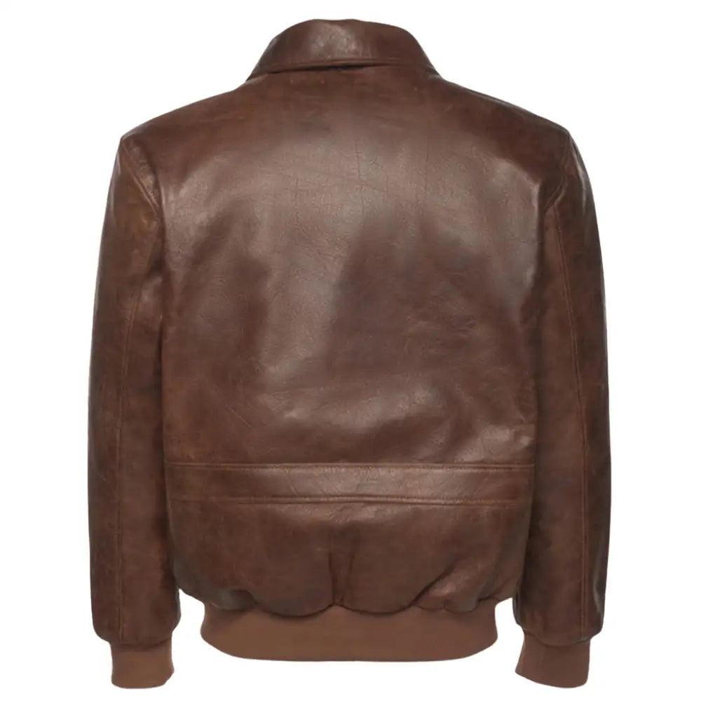 Back view of the Laurent Vintage Brown A2 Bomber Jacket, highlighting the clean leather design and traditional bomber silhouette.