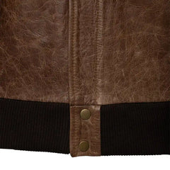 Levi Brown Oiled Leather Bomber Jacket close up oiled leather texture