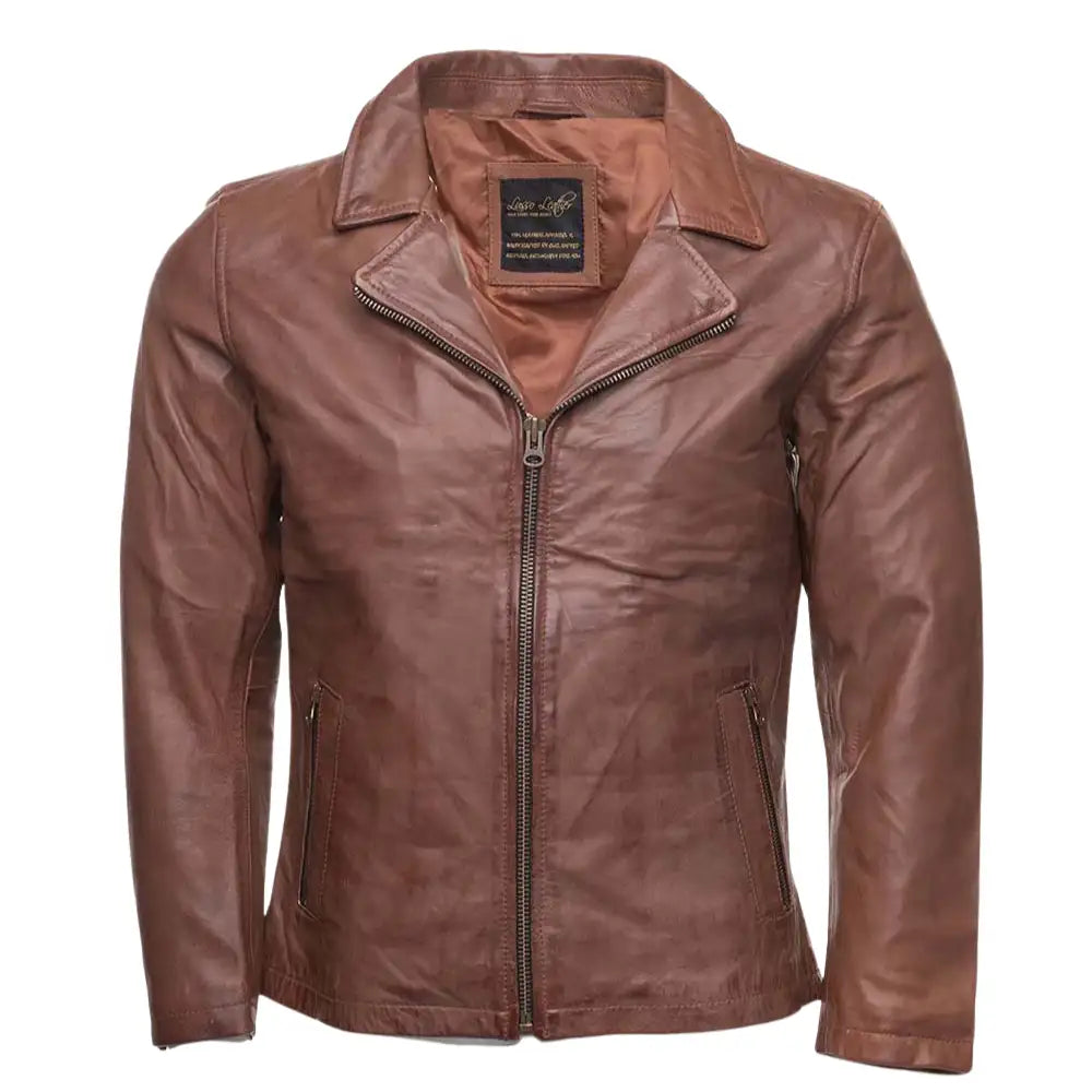 Front view of Liam Jackson Dark Cognac Leather Biker Jacket with classic asymmetrical zipper