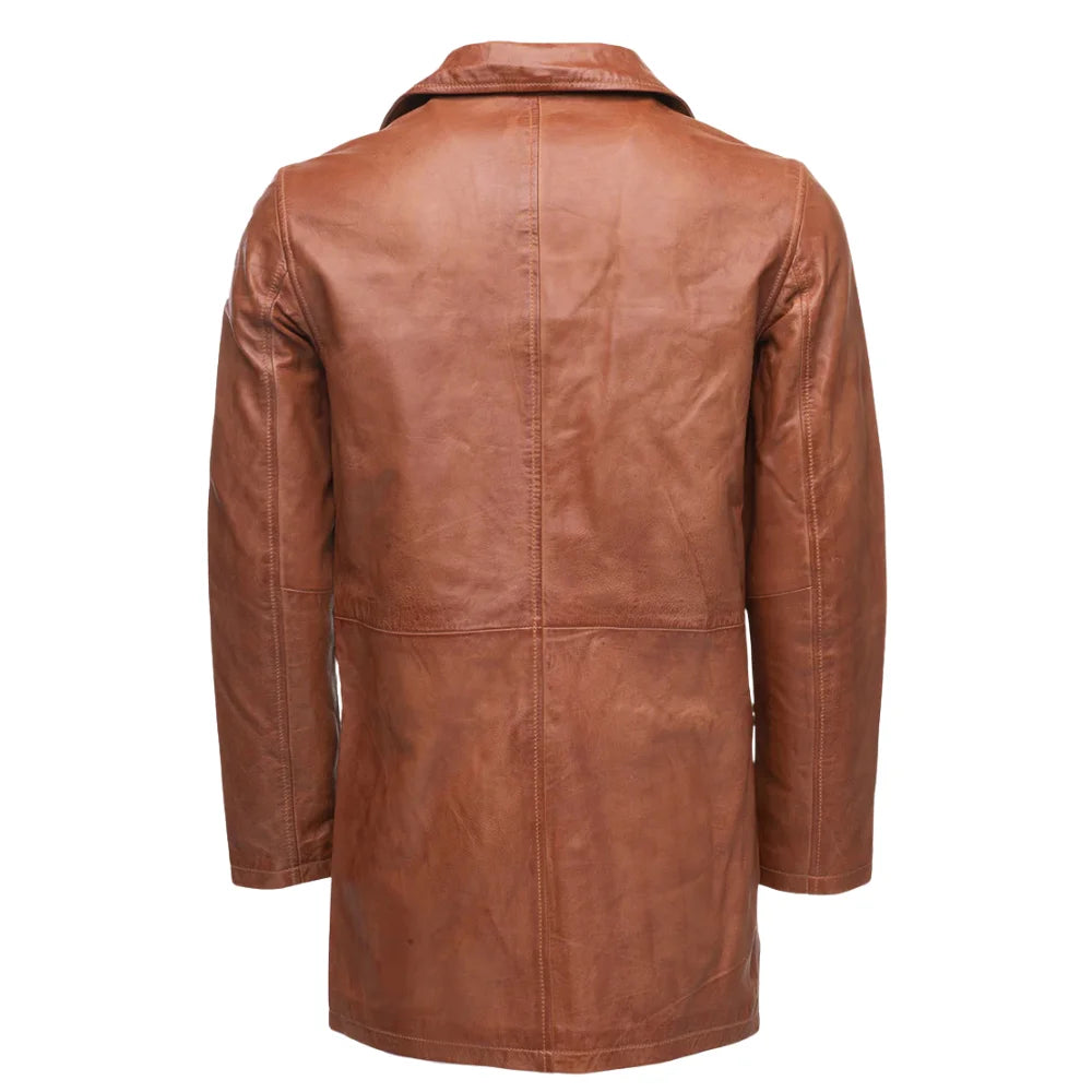 Logan English Tan Leather Trench Coat back view tan leather trench coat with belt