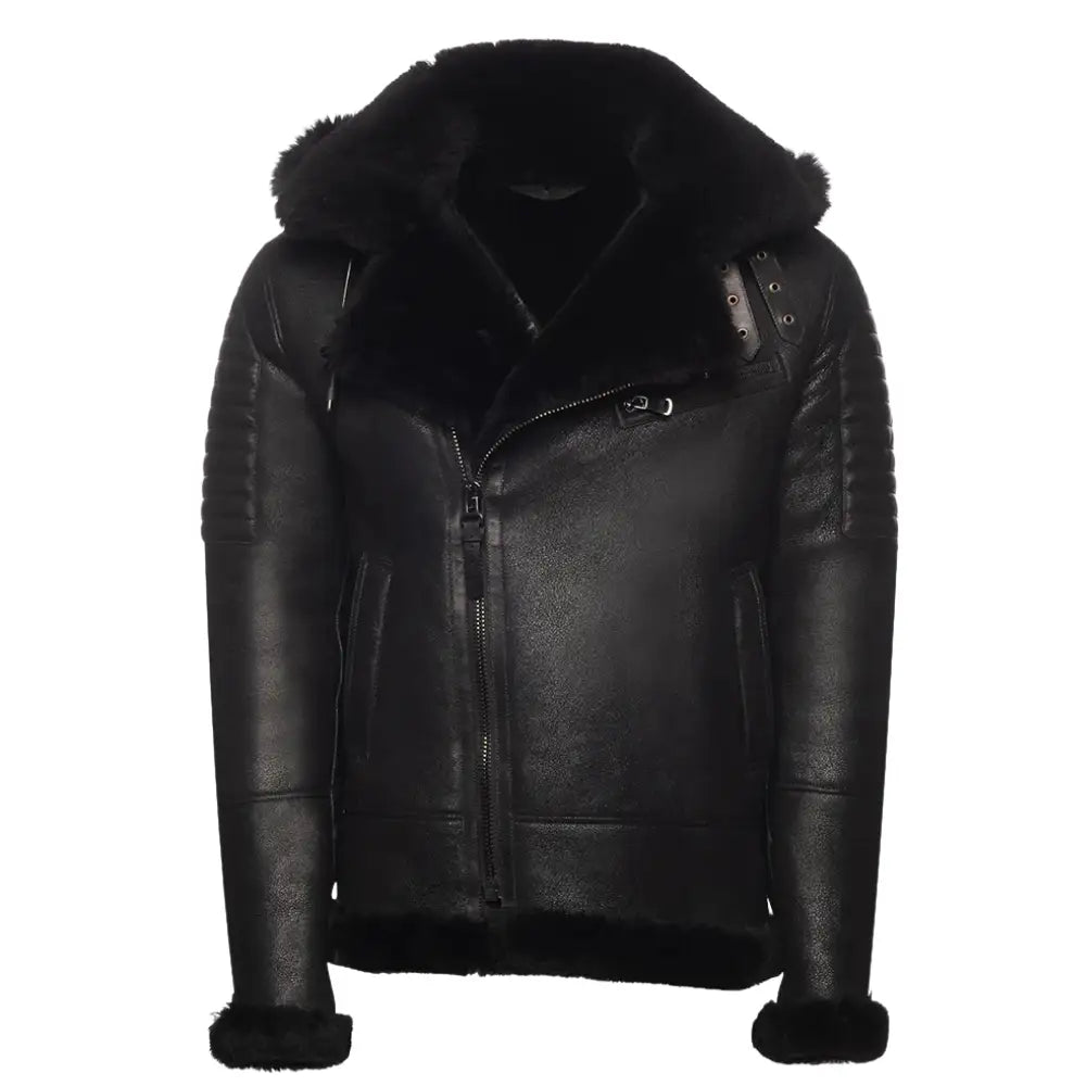 Front view of the Lucas Black Aviator Bomber Shearling Jacket with Hoodie, showcasing its modern design and premium shearling and leather craftsmanship.