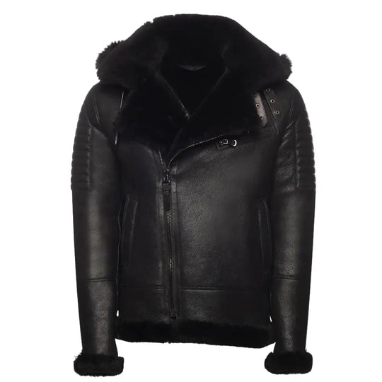 Front view of the Lucas Black Aviator Bomber Shearling Jacket with Hoodie, showcasing its modern design and premium shearling and leather craftsmanship.
