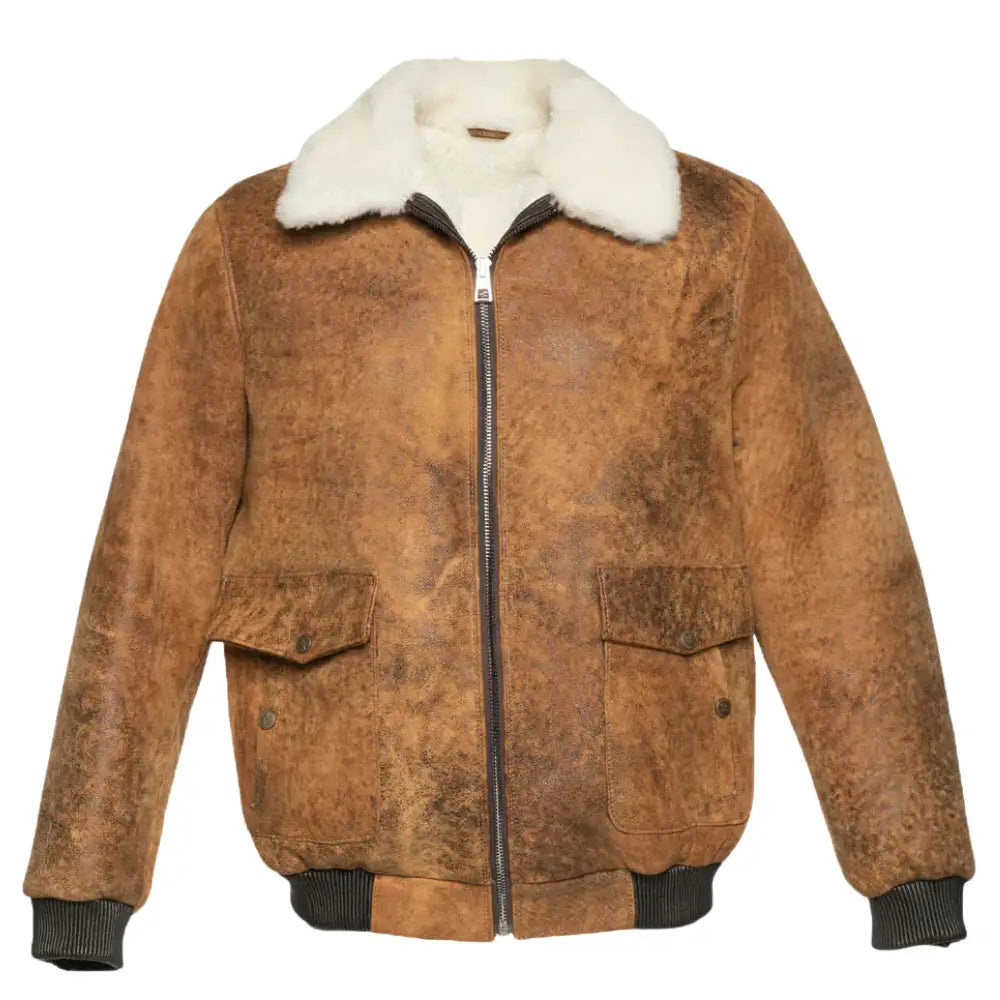 Front view of Lucian's distressed brown A2 bomber shearling jacket with open zipper showcasing the soft shearling lining.