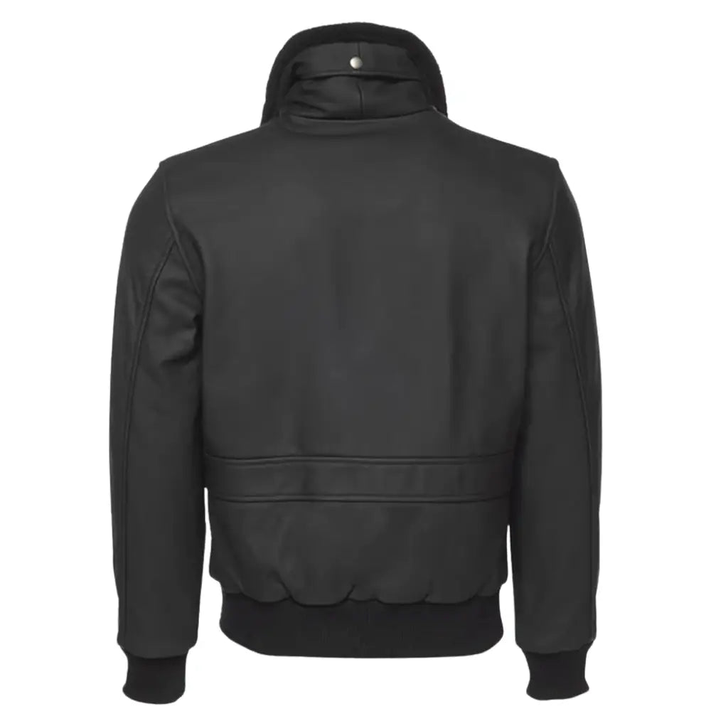 Back view of the matte black A2 bomber leather jacket, highlighting its design and structure.
