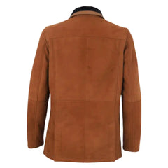 Rear view of tan suede buttoned up coat with black collar on a white background.