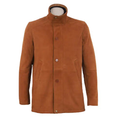 Front Closed view of tan suede buttoned up coat with black collar on a white background.
