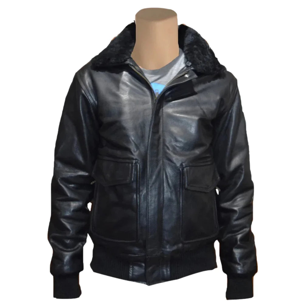 Front view of a premium black A2 Bomber Aviator leather jacket on a mannequin, highlighting the large flap pockets and shearling collar.