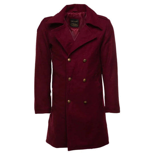 Front view of a men's burgundy wool 3/4 length coat featuring a classic double-breasted design with six gold-tone buttons and wide lapels on white background.