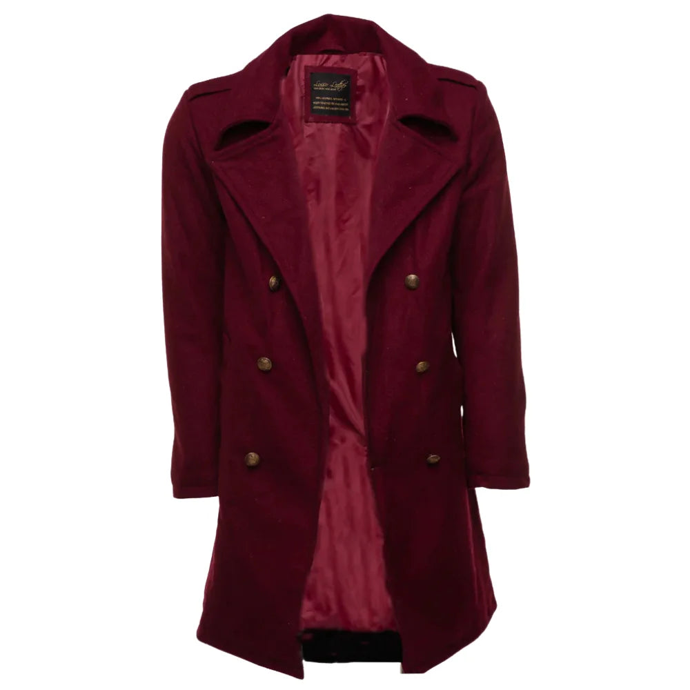 A men's burgundy wool double-breasted coat shown open to reveal a smooth color-matched satin interior lining and the brand's woven neck label on a white background.