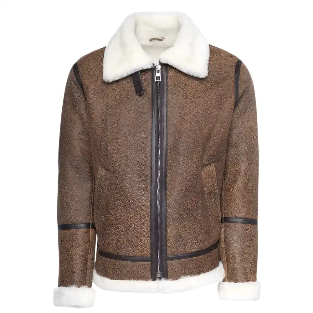 Brown shearling jacket with white fur collar and cuffs on a white background
