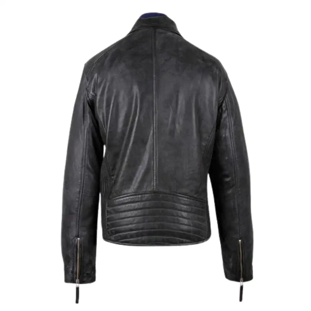 Back profile of men's Radom minimalist leather biker jacket