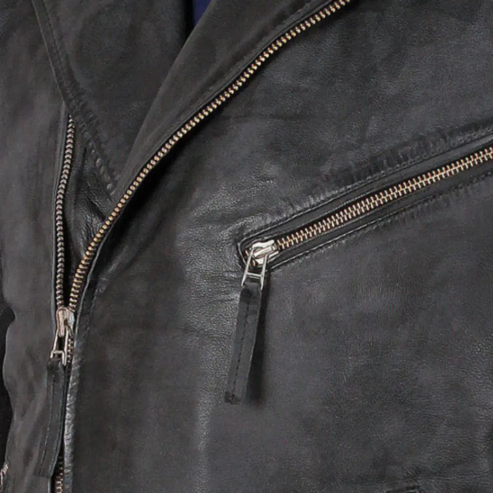 Close-up of collar and hardware on men's Radom black leather biker jacket