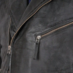 Close-up of collar and hardware on men's Radom black leather biker jacket