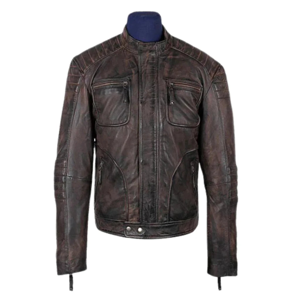 Men's Benton Distressed Moto Style Leather Jacket front view distressed moto leather jacket