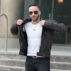 Model styling Men's Benton Distressed Moto Style Leather Jacket vintage leather jacket look