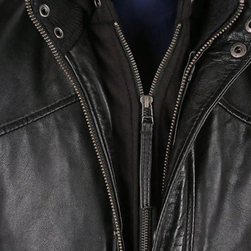 Men's Turku Black Leather Jacket close up zipper on black leather jacket