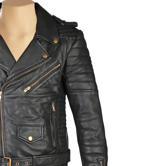 Close-up of zipper and stitching on Mercado's quilted leather biker jacket
