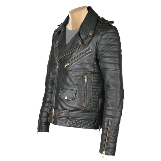 Side angle of Mercado's quilted leather biker jacket with waist belt