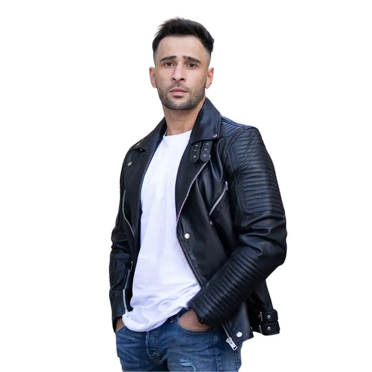 Model wearing Micheals Snap Buttoned Leather Biker Jacket styled with casual outfit