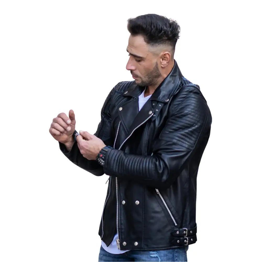 Front model view of Micheals Snap Buttoned Leather Biker Jacket showing biker silhouette