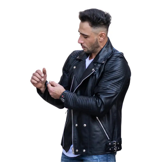 Front model view of Micheals Snap Buttoned Leather Biker Jacket showing biker silhouette