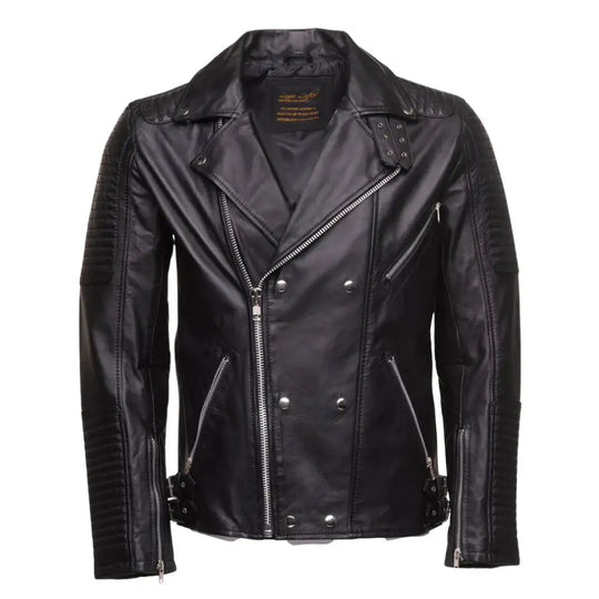 Front view of Micheals Snap Buttoned Leather Biker Jacket with snap button collar