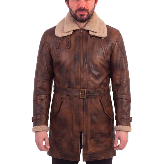 Vintage Rust 3/4 Leather Trench coat with Sherpa Lining