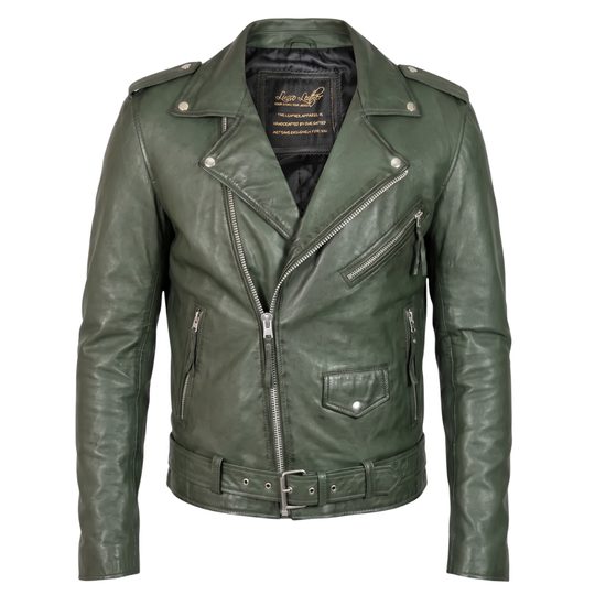 Sergeant Olive Green Belted Leather Biker Jacket