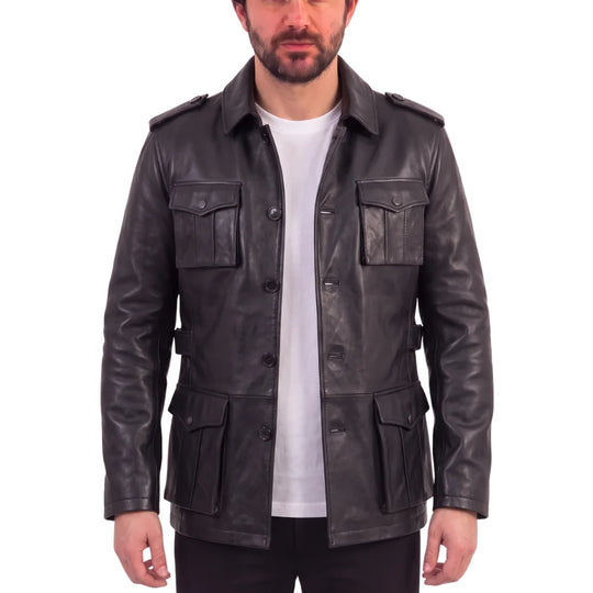 Black leather buttoned up coat