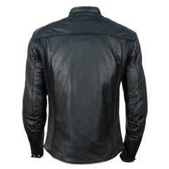 Back view of the Road Raptor leather jacket showing reinforced lumbar support and large accordion stretch panels for an aggressive riding stance.