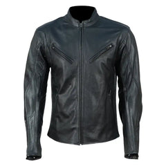 Full front view of the Miles Road Raptor jacket, featuring a multi-paneled black leather construction with a rugged, athletic racing silhouette.