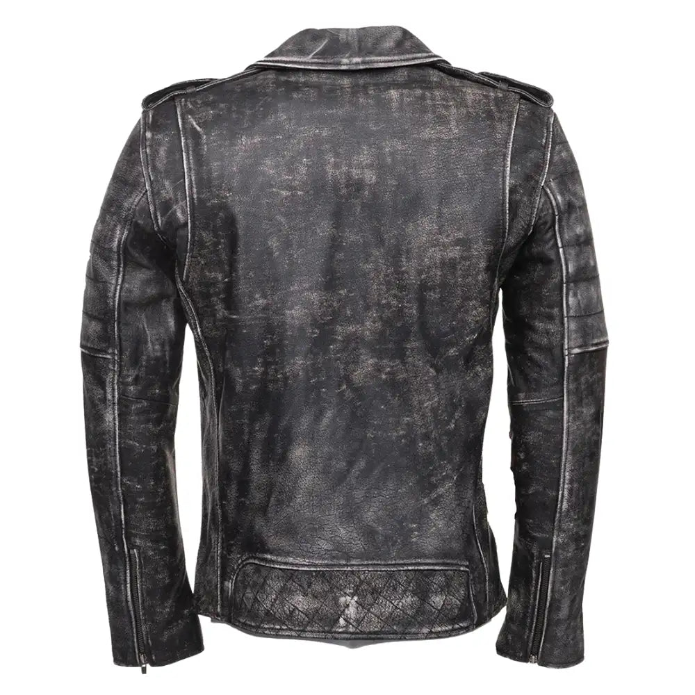 Back view of Miles Stone Wash Leather Biker Jacket highlighting faded stone wash texture