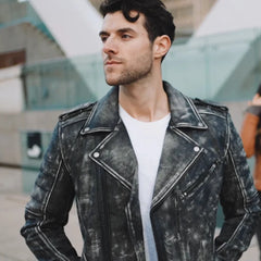 Front model view of Miles Stone Wash Leather Biker Jacket showing biker silhouette