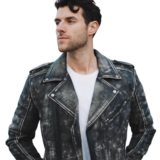 Front model view of Miles Stone Wash Leather Biker Jacket showing biker silhouette