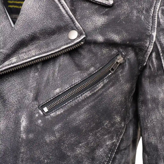 Closeup of collar and seam detailing on Miles Stone Wash Leather Biker Jacket