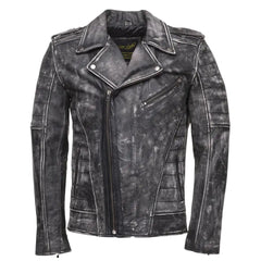 Front view of Miles Stone Wash Leather Biker Jacket with asymmetrical zipper