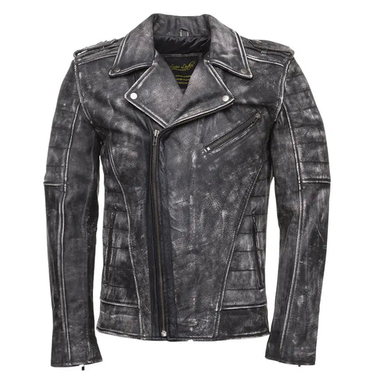 Front view of Miles Stone Wash Leather Biker Jacket with asymmetrical zipper