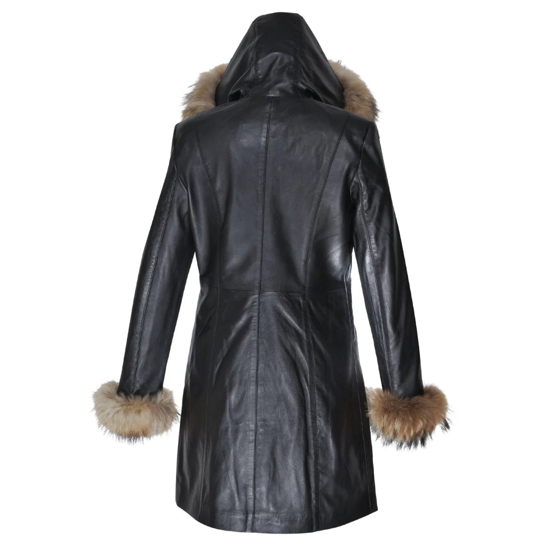 Back view of the Natalie black winter coat highlighting the tailored waist and full-length insulated silhouette.