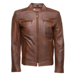 Nick Hawley's Two Tone Brown Cafe Racer Leather Jacket front view two tone brown leather racer jacket